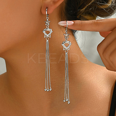 Vintage Hollow Star Brass Clear Cubic Zirconia Tassel Hoop Earrings for Elegant Ladies GO3867-1
