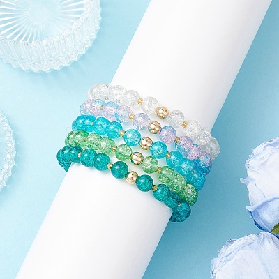 5Pcs 5 Color Spray Painted Crackle Glass Beads Stretch Bracelets for Men Women BJEW-MZ00202-1