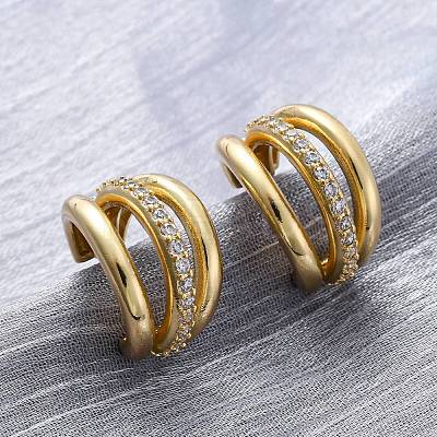 Triple C-Shaped Brass Micro Pave Clear Cubic Zirconia Stud Earrings LS-EJEW-R025-11G-1