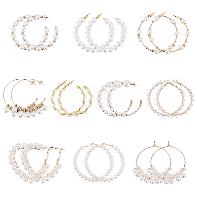 10 Pairs 10 Style Plastic & Resin Imitation Pearl Beaded Hoop Earrings Set EJEW-AN0003-45-1