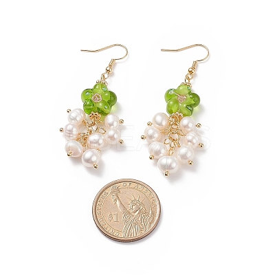 Lampwork Flower with Natural Pearl Dangle Earrings EJEW-TA00145-1