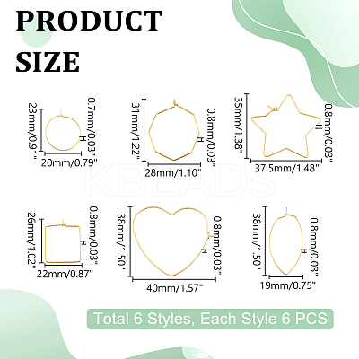 36pcs 6 styles Brass Hoop Earrings Findings KK-UN0002-41-1