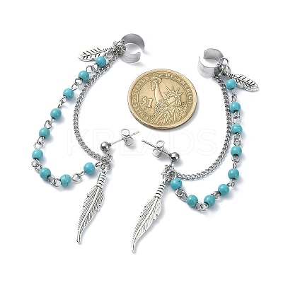 Tibetan Style Alloy Feather Stud Earrings with Ear Cuff EJEW-TA00301-1