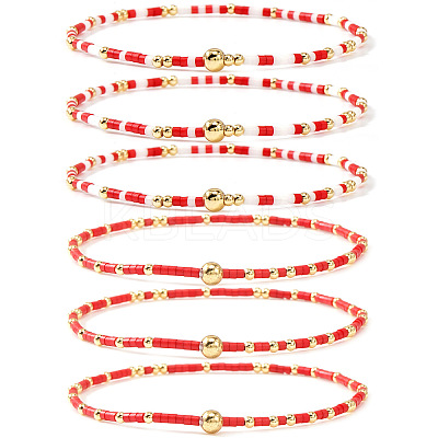 6Pcs Handmade Glass Seed Bead & Brass Beads Stretch Bracelets XZ6120-1-1