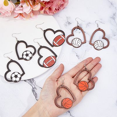 4 Pairs 4 Styles Sport Theme Wood Heart Dangle Earrings for Women EJEW-FI0001-55-1