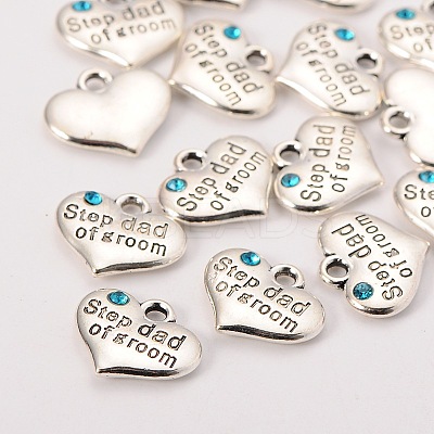 Wedding Theme Antique Silver Tone Tibetan Style Alloy Heart with Step Dad of Groom Rhinestone Charms LS-TIBEP-N005-23A-1