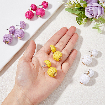 4 Pairs 4 Colors Raffia Grass Braided Round Dangle Stud Earrings with Iron Pins for Women EJEW-FI0002-27-1