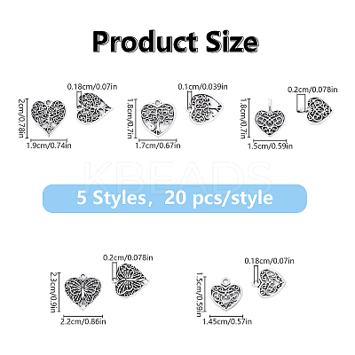 100Pcs 5 Styles Tibetan Style Alloy Pendants TIBE-YW0001-79-1