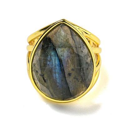 Teardrop Natural Labradorite Open Cuff Rings RJEW-C087-01G-05-1