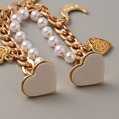 Pearl Plastic Beads & Heart & Moon & Teardrop Charms Link Chain Phone Case Double Chain Strap AJEW-WH0041-61G-1