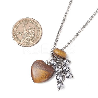 Natural Tiger Eye with Synthetic Non-magnetic Hematite Beads Cluster Pendant 304 Stainless Steel Rolo Chain Necklaces NJEW-JN05896-1