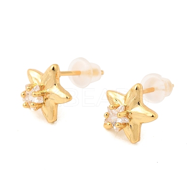 Brass Micro Pave Clear Cubic Zirconia Star Stud Earrings EJEW-C158-09G-1