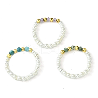3Pcs 3 Style Natural Pearl & Moss Agate & Apatite Beaded Stretch Rings RJEW-TA00099-1