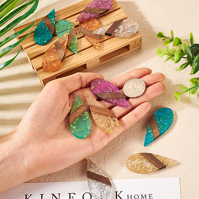 12Pcs 6 Colors Transparent Resin & Walnut Wood Big Pendants WOOD-TA0002-48-1