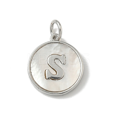Brass Pave Natural Shell Flat Round with Letter Charms KK-Z115-13P-S-1