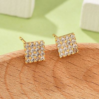Square Brass Micro Pave Clear Cubic Zirconia Stud Earrings for Women EJEW-G428-12G-01-1