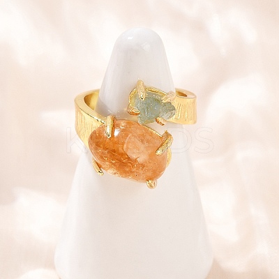 Nuggets Natural Yellow Quartz & Aquamarine Open Cuff Rings RJEW-K286-12G-03-1