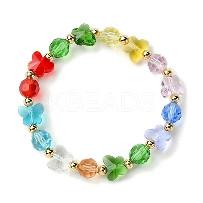 Butterfly & Faceted Round Glass & Brass Beaded Stretch Bracelets for Women BJEW-FS00005-1