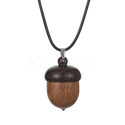 Acorn Shape Wood Locket Pendant Necklace with Wax Cords NJEW-JN04485-1