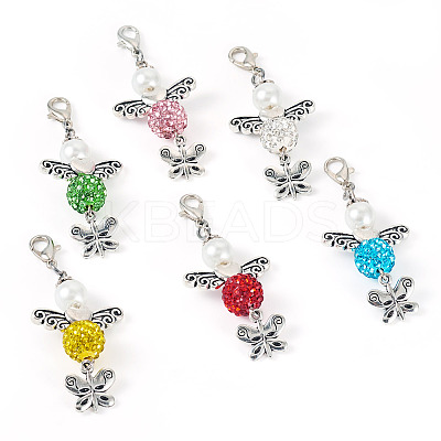 6Pcs 6 Colors Angel & Butterfly Alloy Beaded & Polymer Clay Pave Rhinestone Beaded Pendant Decoration HJEW-TA00339-1