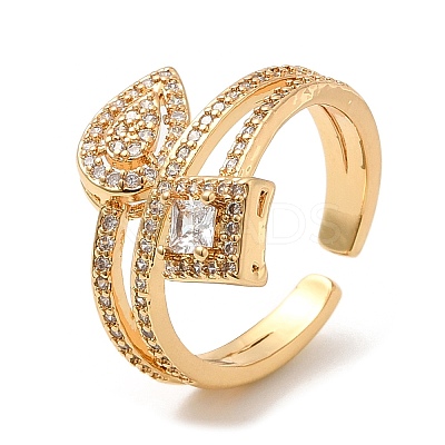 Rack Plating Brass Teardrop & Square Cuff Rings RJEW-D008-14G-1