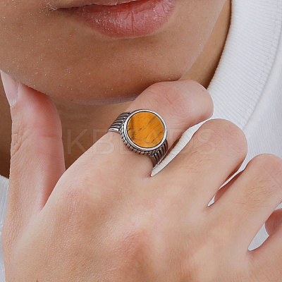 304 Stainless Steel with Natural Tiger Eye Finger Rings for Men FS-WGE1297-04-1