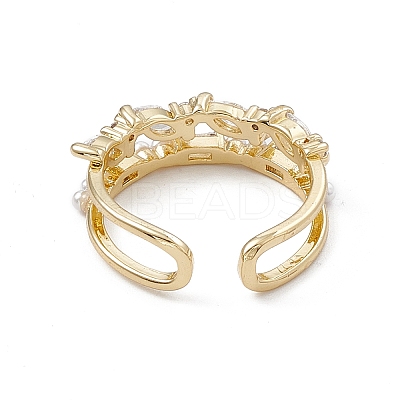 Clear Cubic Zirconia Horse Eye Open Cuff Ring with Plastic Pearl Beaded RJEW-G276-12G-1