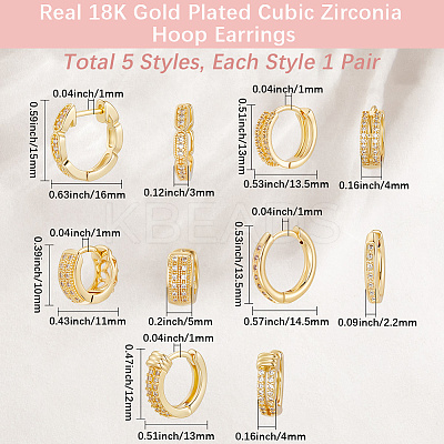 5 Piars 5 Style Brass Micro Pave Clear Cubic Zirconia Hoop Earrings EJEW-BBC0001-99-1