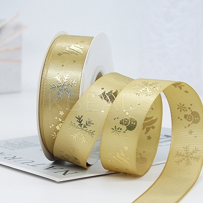 22M Flat Christmas Snowflake Printed Polyester Satin Ribbons XMAS-PW0001-183E-1