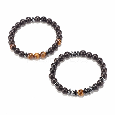 2Pcs 2 Style Natural Wood & Tiger Eye & Synthetic Hematite Stretch Bracelets Set BJEW-JB07940-1