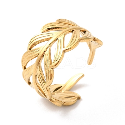 Ion Plating(IP) 304 Stainless Steel Leafy Branch Open Cuff Ring for Women RJEW-K245-31G-1