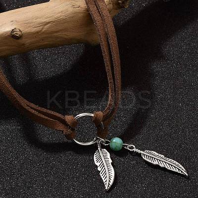 Bohemian Style Alloy Feather with Synthetic Turquoise Pendant Choker Necklaces for Women NJEW-G158-01B-1