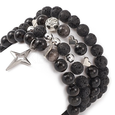 4Pcs 4 Style Natural Silver Obsidian & Lava Rock Stretch Bracelets Set BJEW-JB09480-1