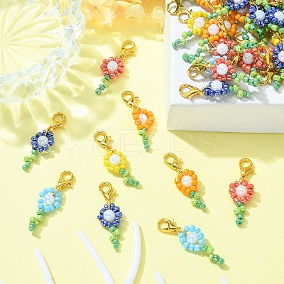 50Pcs 5 Colors Flower Glass Seed Bead Pendant Decorations HJEW-CJ0001-09-1