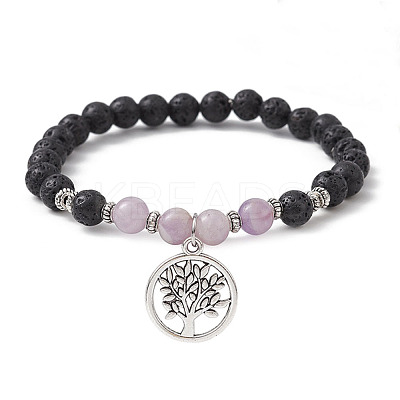 Natural Lava Rock & Natural Lavender Amethyst Gemstone Round Beaded Stretch Bracelet BJEW-JB09767-05-1