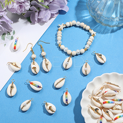 28Pcs 7 Styles Natural Cowrie Shell Copper Wire Wrapped Pendants FIND-SC0015-50-1
