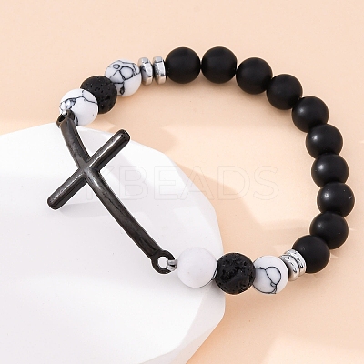 Round Natural Black Agate & Lava Rock & Synthetic Howlite Bead Stretch Bracelets BJEW-F493-04EB-01-1