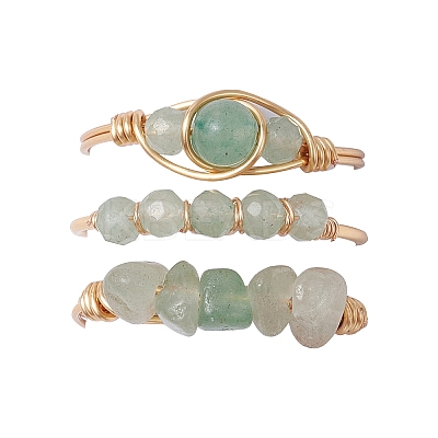 3Pcs Natural Green Aventurine Bead Finger Ring RJEW-JR00855-04-1