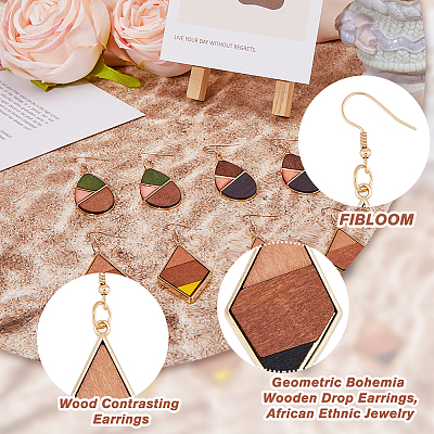 4 Pairs 4 Colors Natural Wood Teardrop & Rhombus Dangle Earrings EJEW-FI0001-46-1