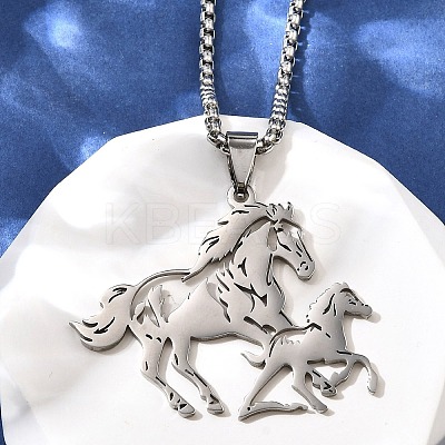201 Stainless Steel Laser Cut Double Horse Pendant Box Chain Necklaces for Women Men LS-NJEW-E156-03P-1