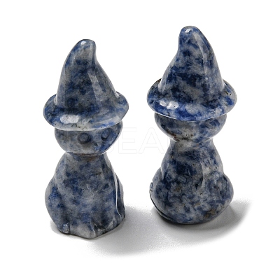 Natural Blue Spot Jasper Carved Healing Cat with Witch Hat Figurines DJEW-D012-07D-1