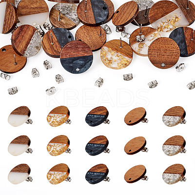 Opaque Resin & Walnut Wood Flat Round Stud Earrings MAK-TA0001-18C-1