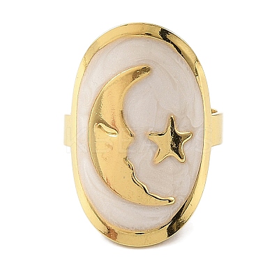 Oval & Moon 304 Stainless Steel Enamel Open Cuff Rings for Women RJEW-F166-29G-02-1