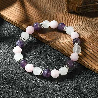 8.5mm Natural Rose Quartz & Quartz Crystal & Amethyst Round Beaded Stretch Bracelets for Women BJEW-JB10737-1