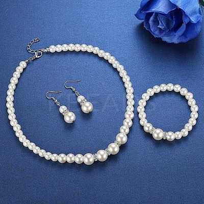 Round ABS Plastic Imitation Pearl Beaded Necklaces & Dangle Earring & Bracelets Sets FS-WG32AE8-01-1