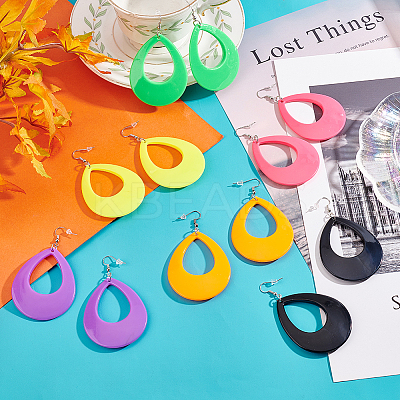 6 Pairs 6 Style Acrylic Hollow Out Teardrop Dangle Earrings EJEW-AN0002-11-1
