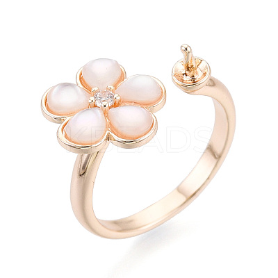 Flower Brass Micro Pave Clear Cubic Zirconia & Shell Cuff Ring Settings KK-T076-75G-1