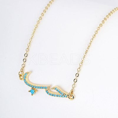 Cubic Zirconia Wave Pendant Necklace with Golden Brass Chains RP3424-1-1