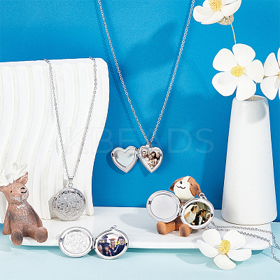 6Pcs 3 Style Heart & Flat Round & Flower 304 Stainless Steel Photo Locket Necklaces Set with Cable Chains for Women NJEW-UN0001-37-1