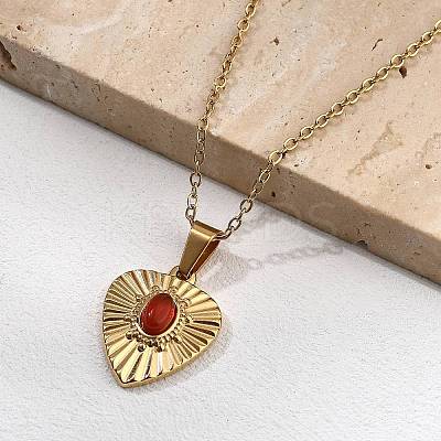 304 Stainless Steel Red Cubic Zirconia Heart Pendant Necklaces NJEW-S439-06G-1